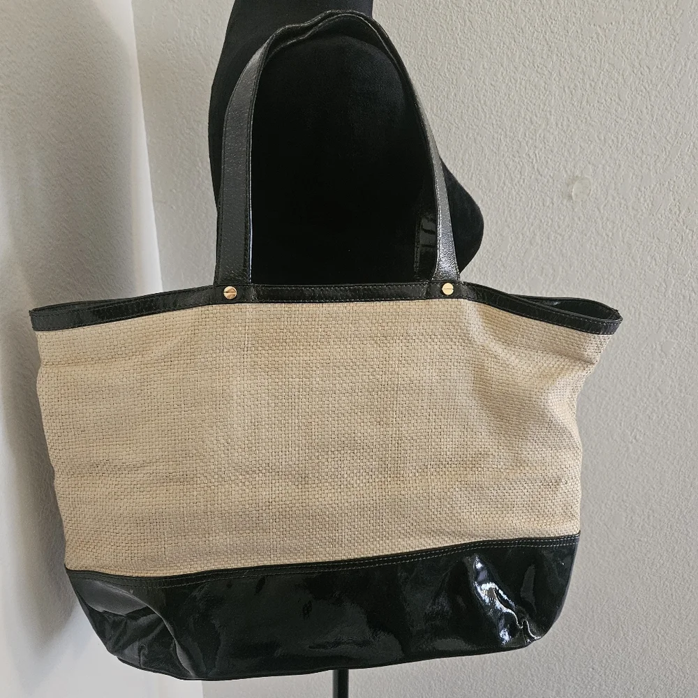 Tory Burch Cream Canvas Tote with Black Trim and Multicolor Butterfly Appliqués